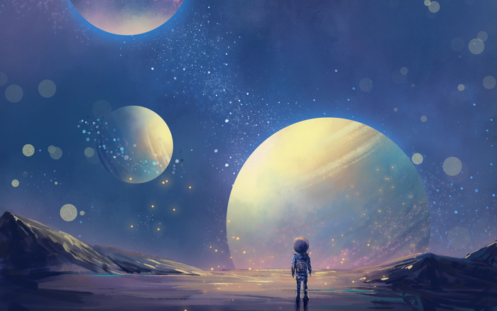 蓝色星球太空宇航员太空人插画素材