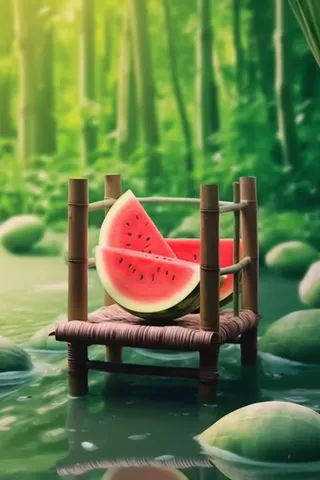 清新荷塘边凳子西瓜清爽背景