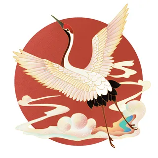 中国风国潮仙鹤山水插画手绘元素场景PSD设计素材