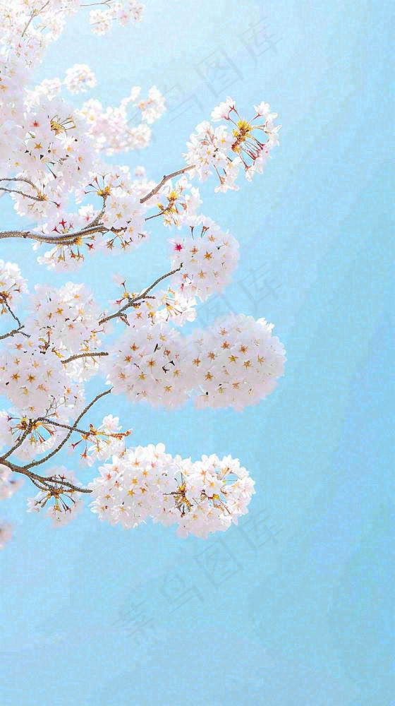 春天开满花朵的树冠仰拍蓝色天空，立春，春分摄影图(816x1456)