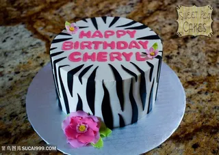 斑马纹巧克力粉红生日快乐蛋糕图片