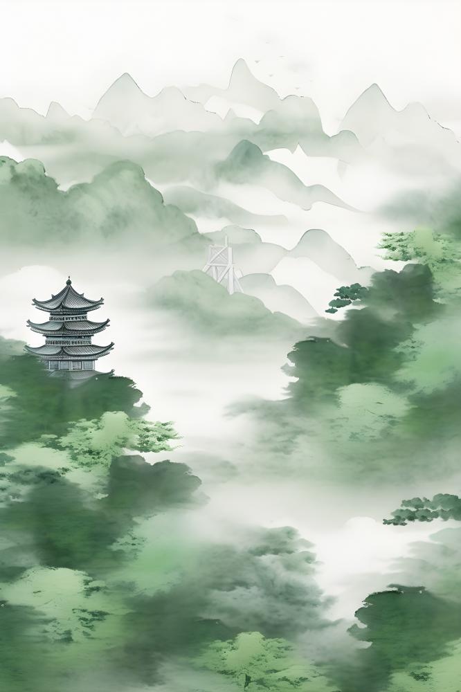 绿色山脉国风建筑云层背景