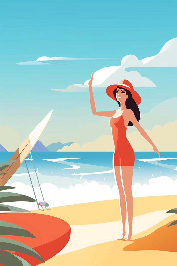 海边的少女沙滩椰树冲浪板海鸥卡通插画素材