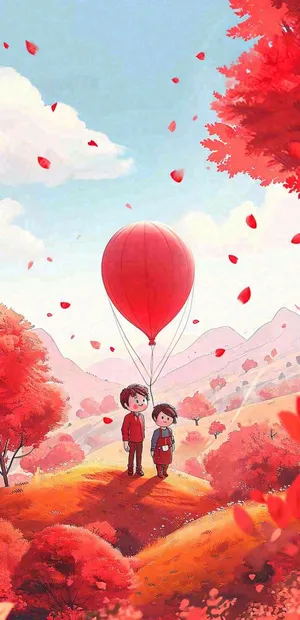 热气球可爱儿童天空插画，儿童节游玩