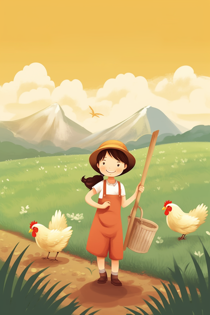 农庄小孩干农活母鸡工具卡通插画素材