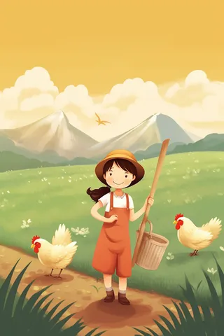 农庄小孩干农活母鸡工具卡通插画素材