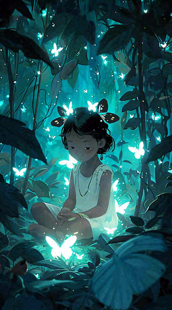森林意境儿童少女灯光蝴蝶手绘插画，丛林树木