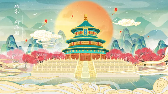 中国风国潮古建筑地标城市古风建筑阁楼印象地标手绘插画PSD素材