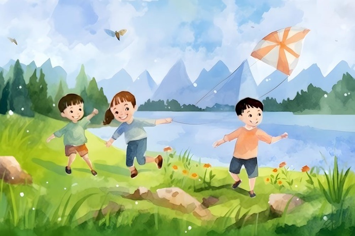 儿童孩子们大自然草原森林游玩卡通背景