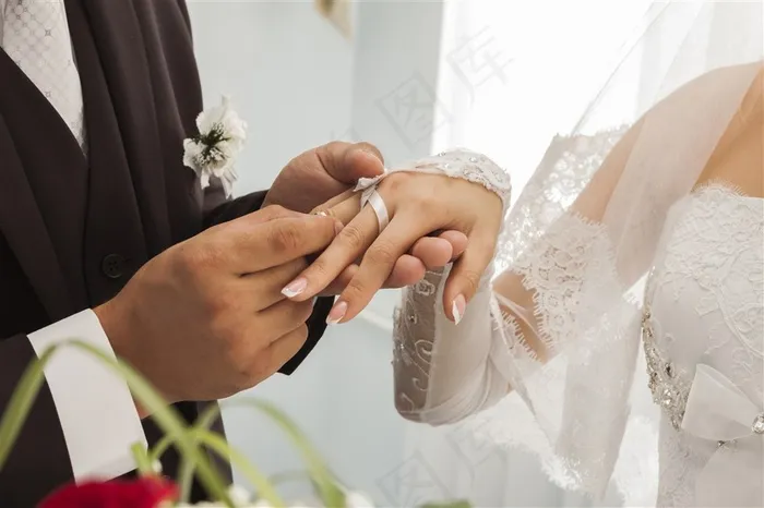 浪漫婚礼正在求婚戴戒指的手部特写
