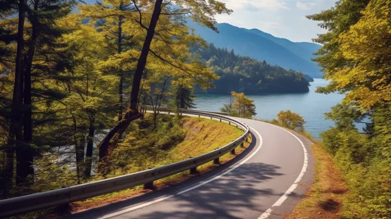 秋天湖边的公路遍布着黄了的树落叶摄影图 秋天湖边的公路遍布着黄了的树落叶摄影图