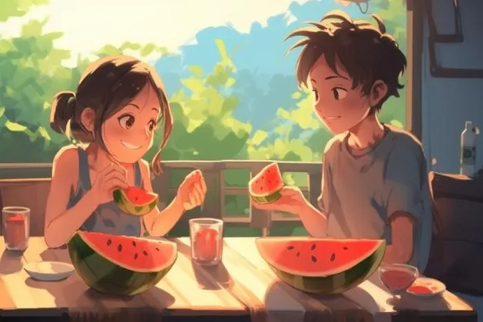 夏日卡通插画儿童吃西瓜动漫风背景(1344x896)