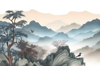 古风山水画迎客松鸟水墨画背景