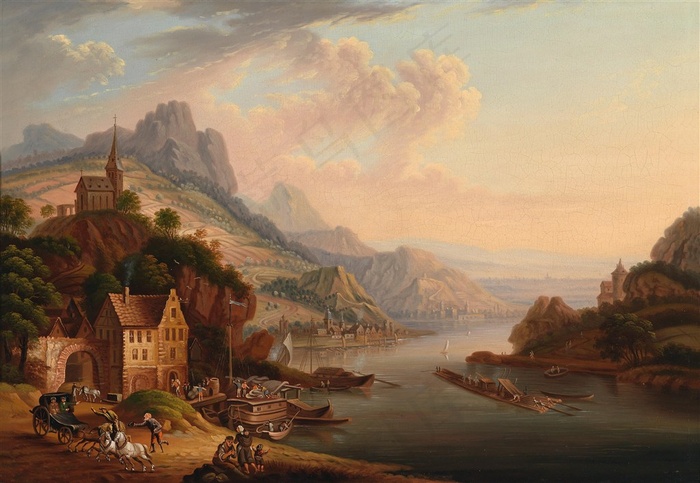 河流边风景油画图片