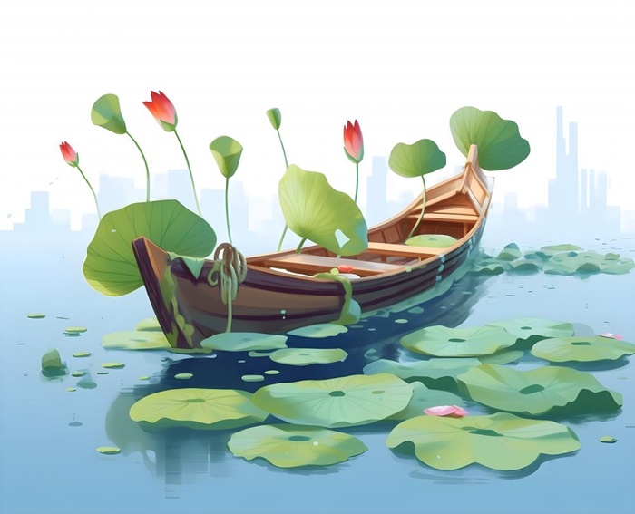 睡莲荷花帆船湖水背景