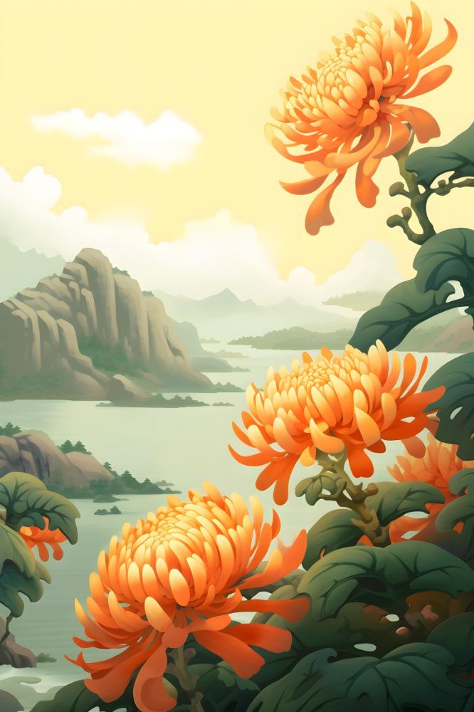 菊花国风山水插画(2400x3600)