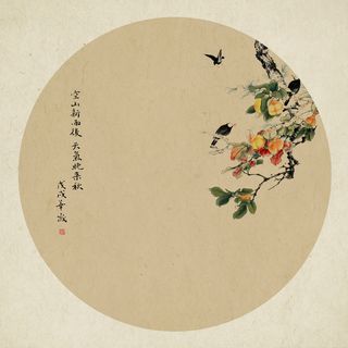 新中式复古水墨花鸟圆圈背景