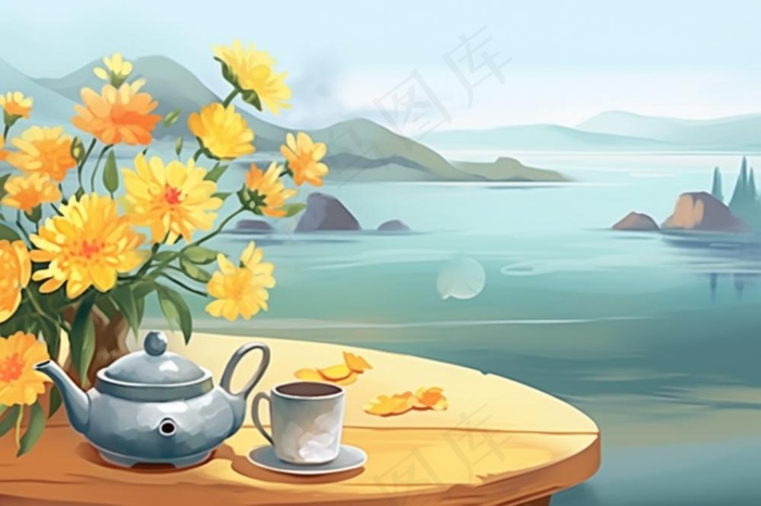 秋季山水赏菊泡茶重阳节插画素材(1344x896)