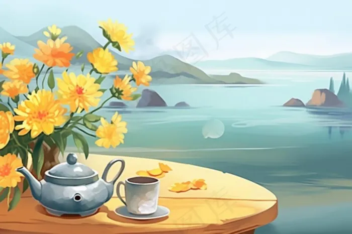 秋季山水赏菊泡茶重阳节插画素材(1344x896)
