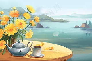 秋季山水赏菊泡茶重阳节插画素材