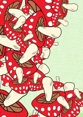 红色蘑菇绿色草地简约画册封面背景图