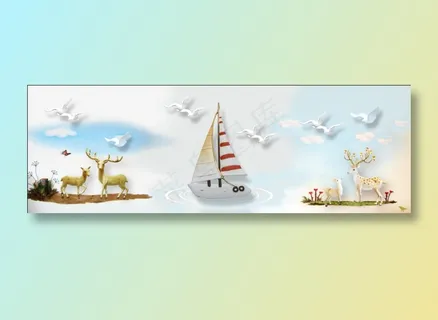 蓝天白云大海海鸥帆船梅花鹿客厅卧室装饰画玄关画图画