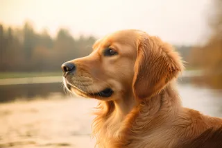 金毛宠物狗在湖边玩耍特写摄影图
