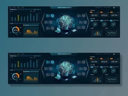 深色科技感酷炫可视化数据大屏仪表盘驾驶舱UI界面PSD模板素材