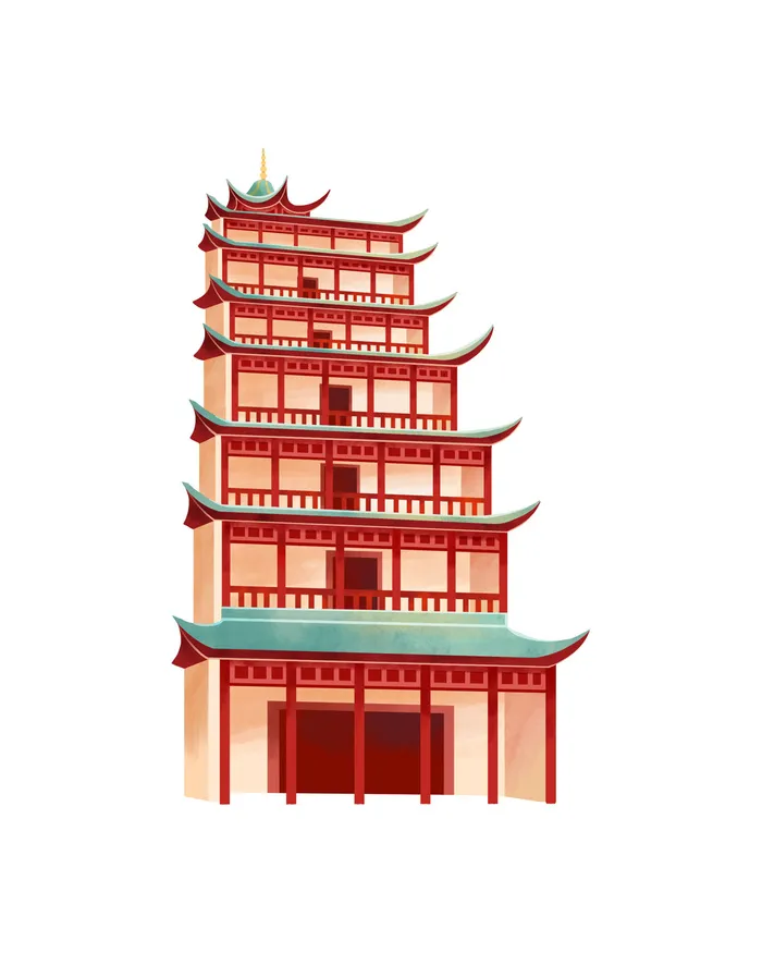 复古中国风国潮古建筑插画手绘高楼古塔PSD素材亭子png免抠图psd模版下载