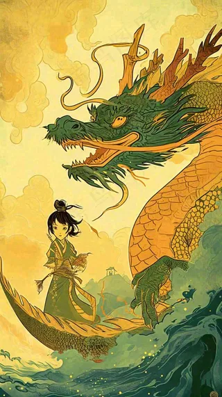 国风中国龙龙年落日黄绿色意境海浪插画手绘