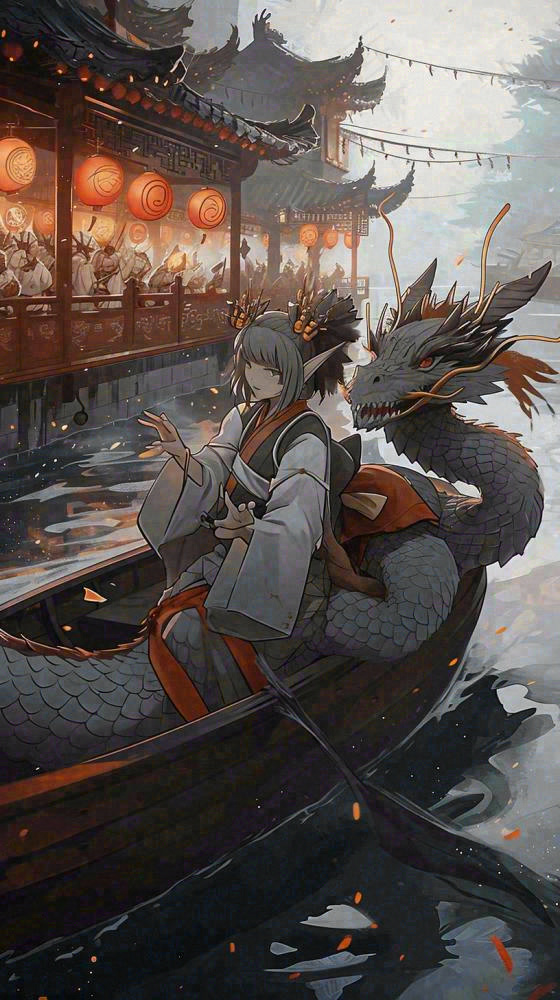 古风恐怖怪兽龙河面灯笼建筑插画，暗黑