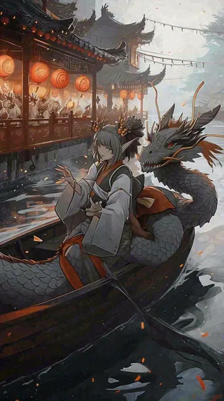 古风恐怖怪兽龙河面灯笼建筑插画，暗黑