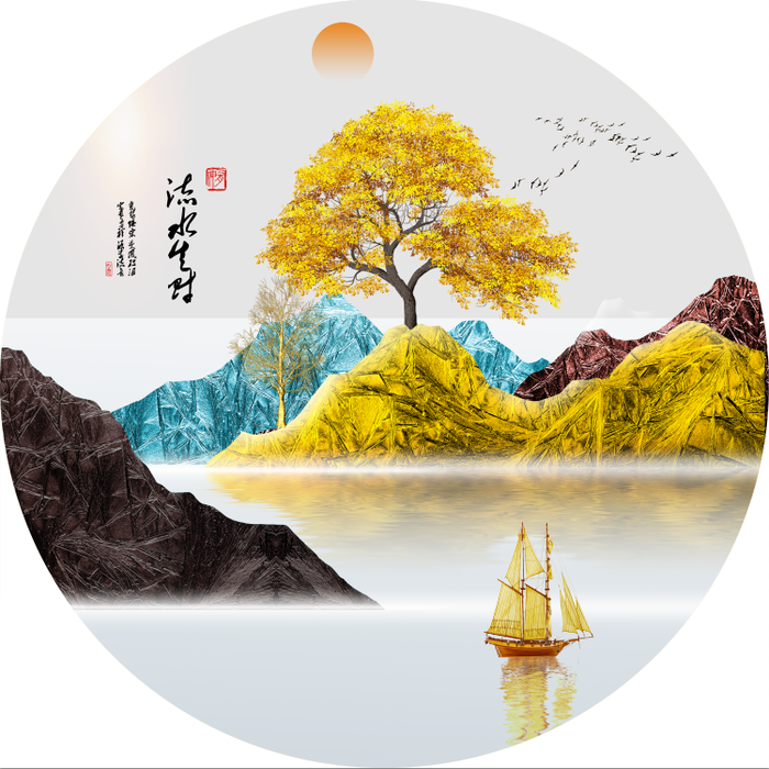流水生财一帆风顺鸿运当头轻奢山水花鸟装饰画psd模版下载
