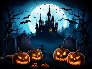 万圣节南瓜灯蝙蝠城堡恐怖夜晚插画背景