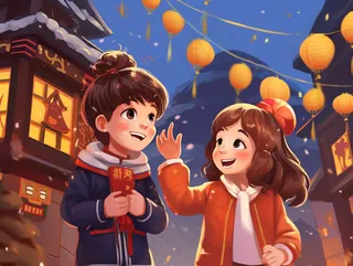 新年喜庆儿童上街玩耍灯笼烟花卡通插画