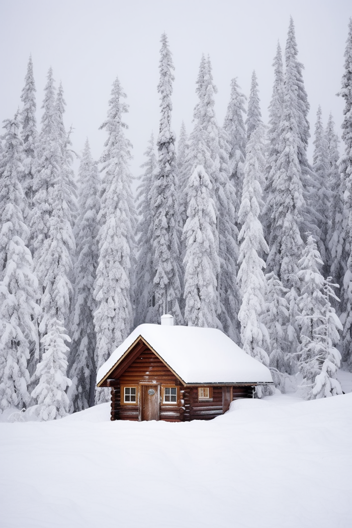 冬天雪景里的小木屋挂满雪的松树摄影图
