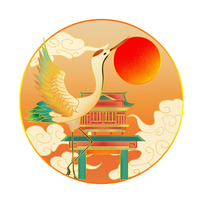 中国风国潮仙鹤山水插画手绘元素场景PSD设计素材