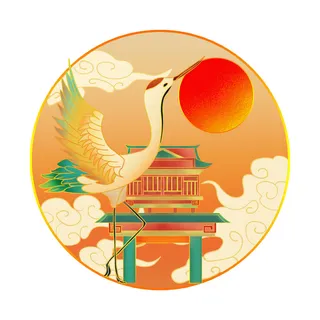 中国风国潮仙鹤山水插画手绘元素场景PSD设计素材