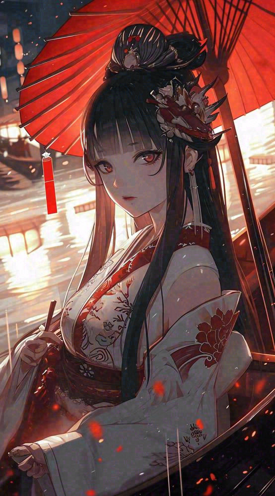少女漫画古风灯笼夜晚夜景船只手绘插画(816x1472)