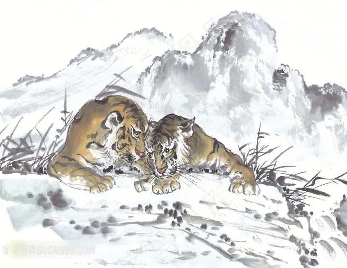 水墨两只老虎国画高清图片