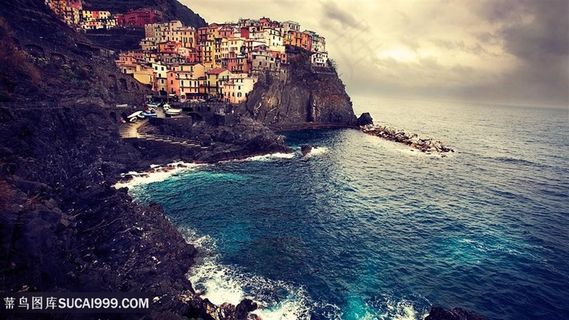 海岛渔村风景画壁纸