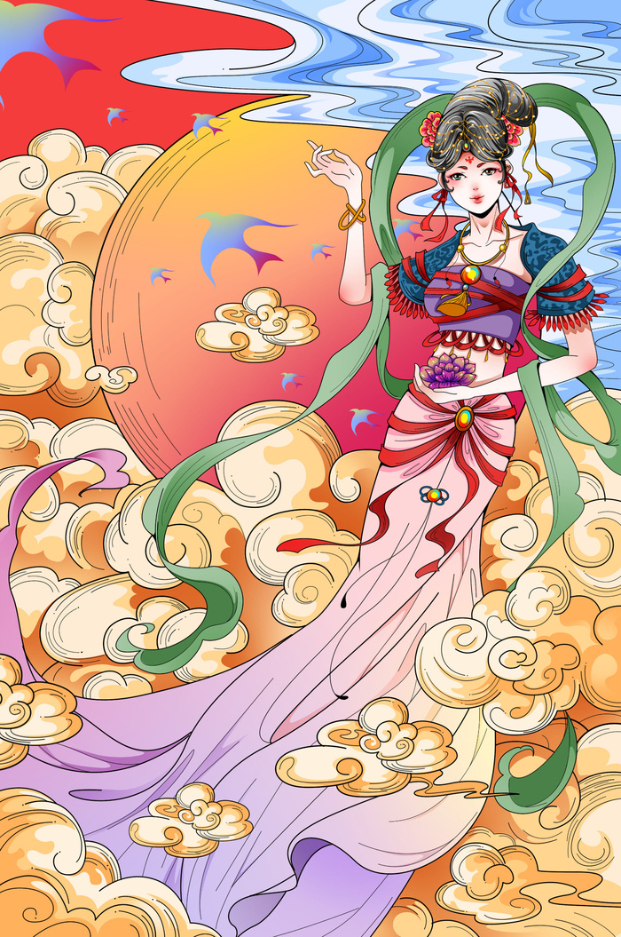 复古中国风国潮神话人物敦煌插画仙女手绘海报背景PSD设计素材