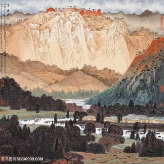 薛亮水墨风景画巍峨山脉湖畔美景装饰画国画图片