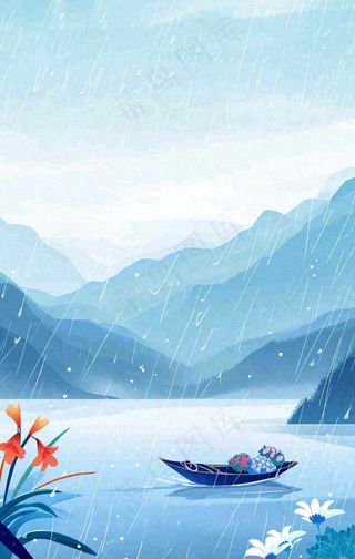 春天雨天湖面山脉小船植物花朵，雨水谷雨