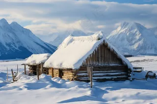 雪山高原山脚下的木屋摄影图