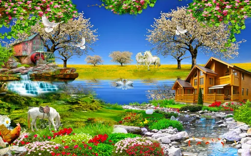 彩色山水白马木房清新风景 彩色山水白马木房清新风景