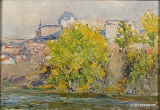 水彩树溪流风景画油画