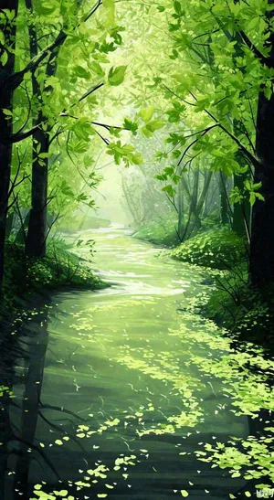 春天绿树成荫的树林里面小溪溪水飘着树叶