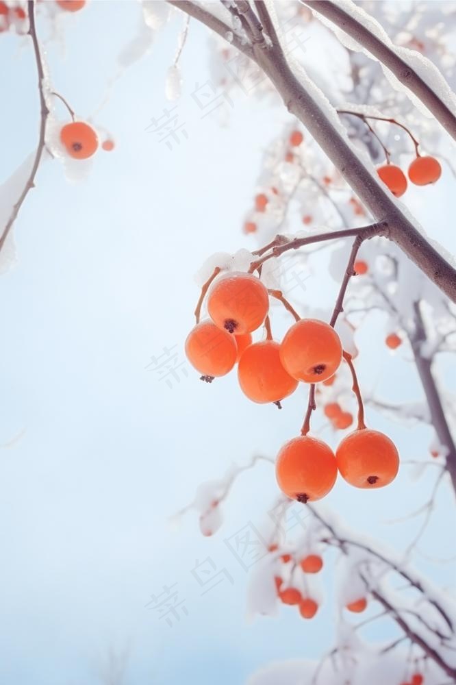 大雪暖冬果子冬天雪果枝节气海报背景