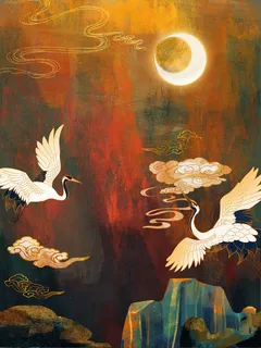 国潮中国风复古敦煌岩彩山水祥云插画烫金肌理背景PSD设计素材